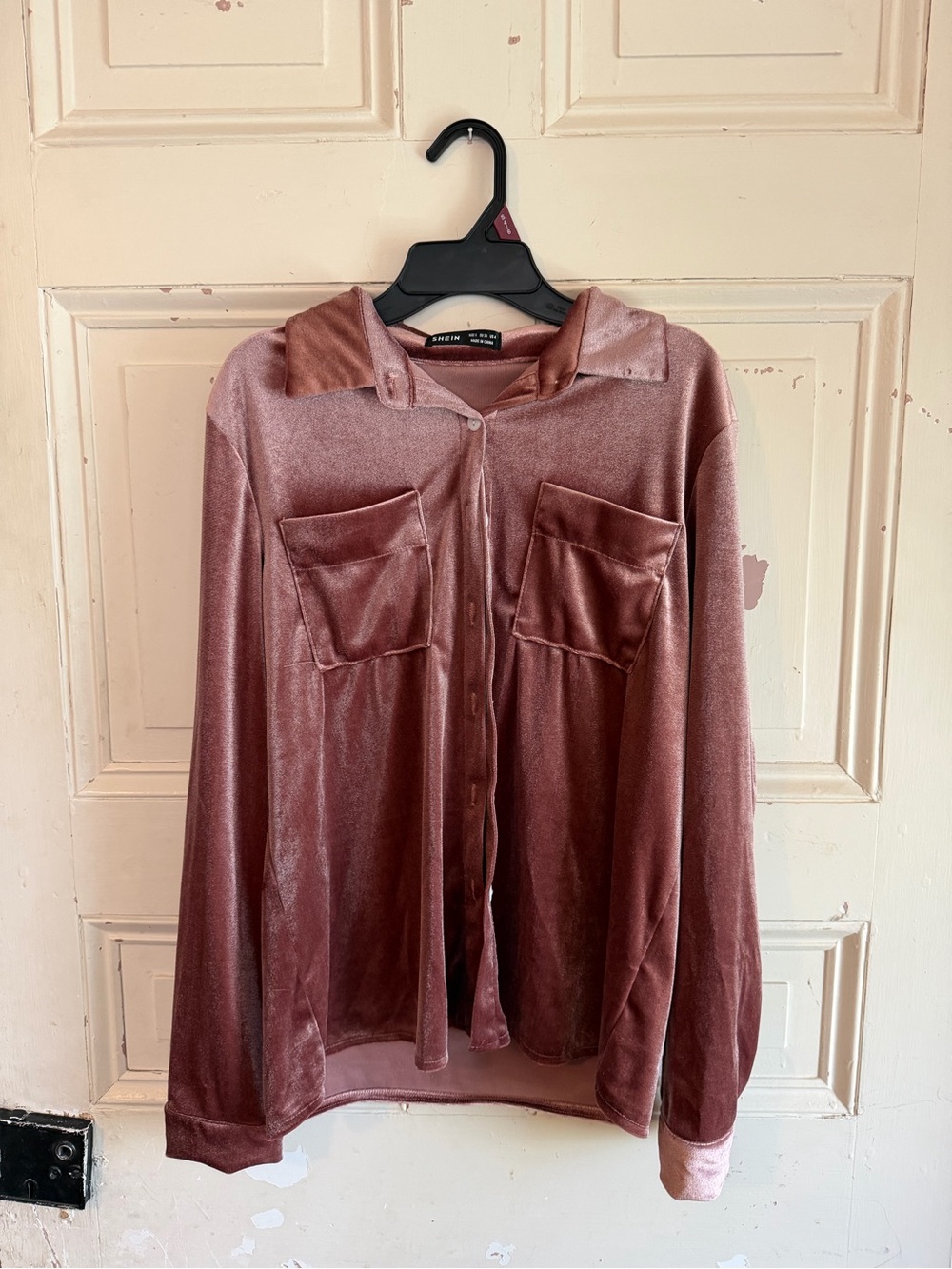 SHEIN Dusty Rose Velvet Button-Down Shirt